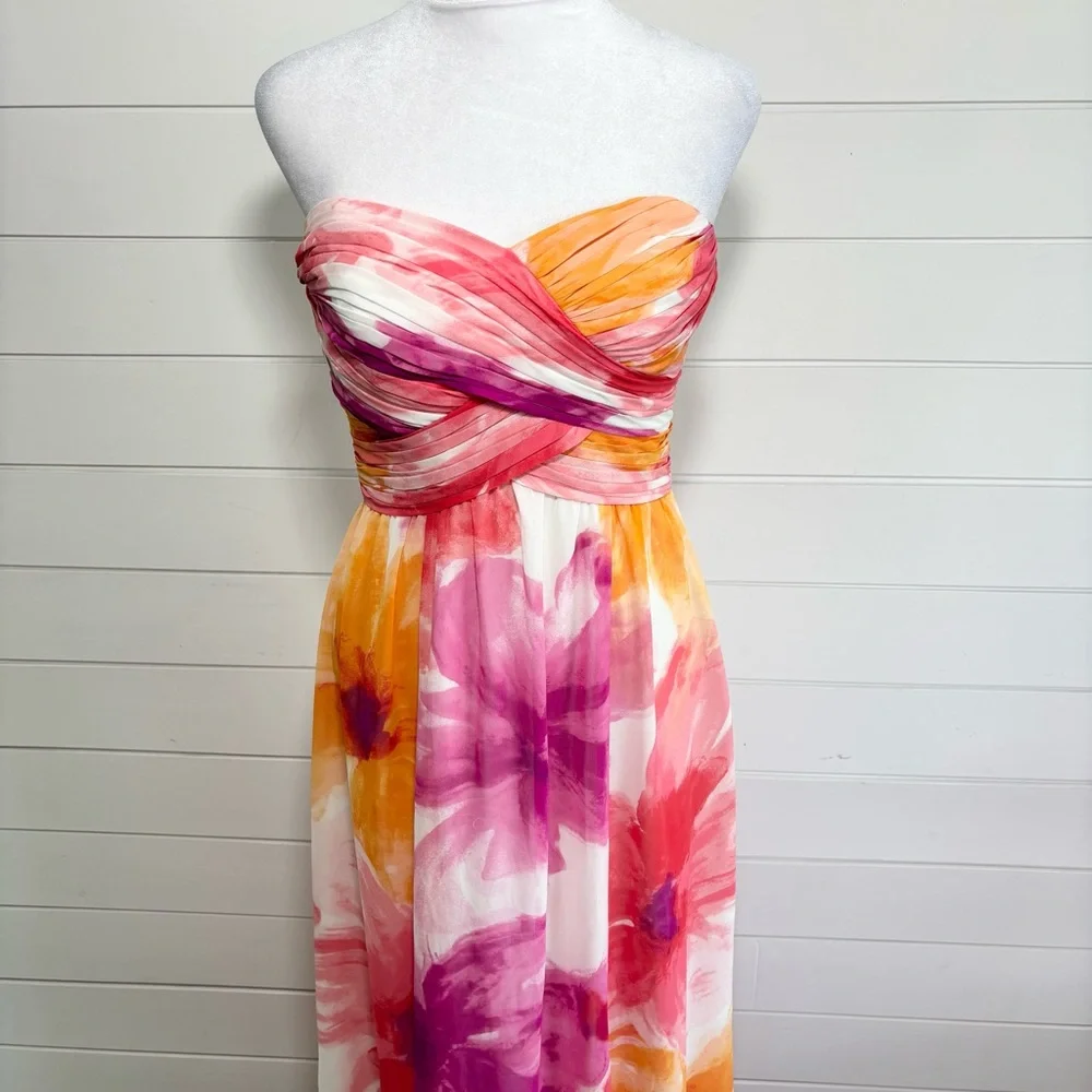 Ralph Lauren Evening Floral Maxi strapless  Dress in Pink and Orange Size 2